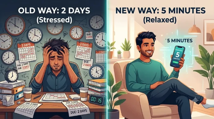 Comparison showing 2 days of stressed work versus 5 minutes of relaxed work using AI tools