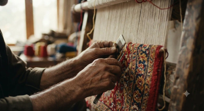 Kashmiri artisan hand-weaving a traditional carpet