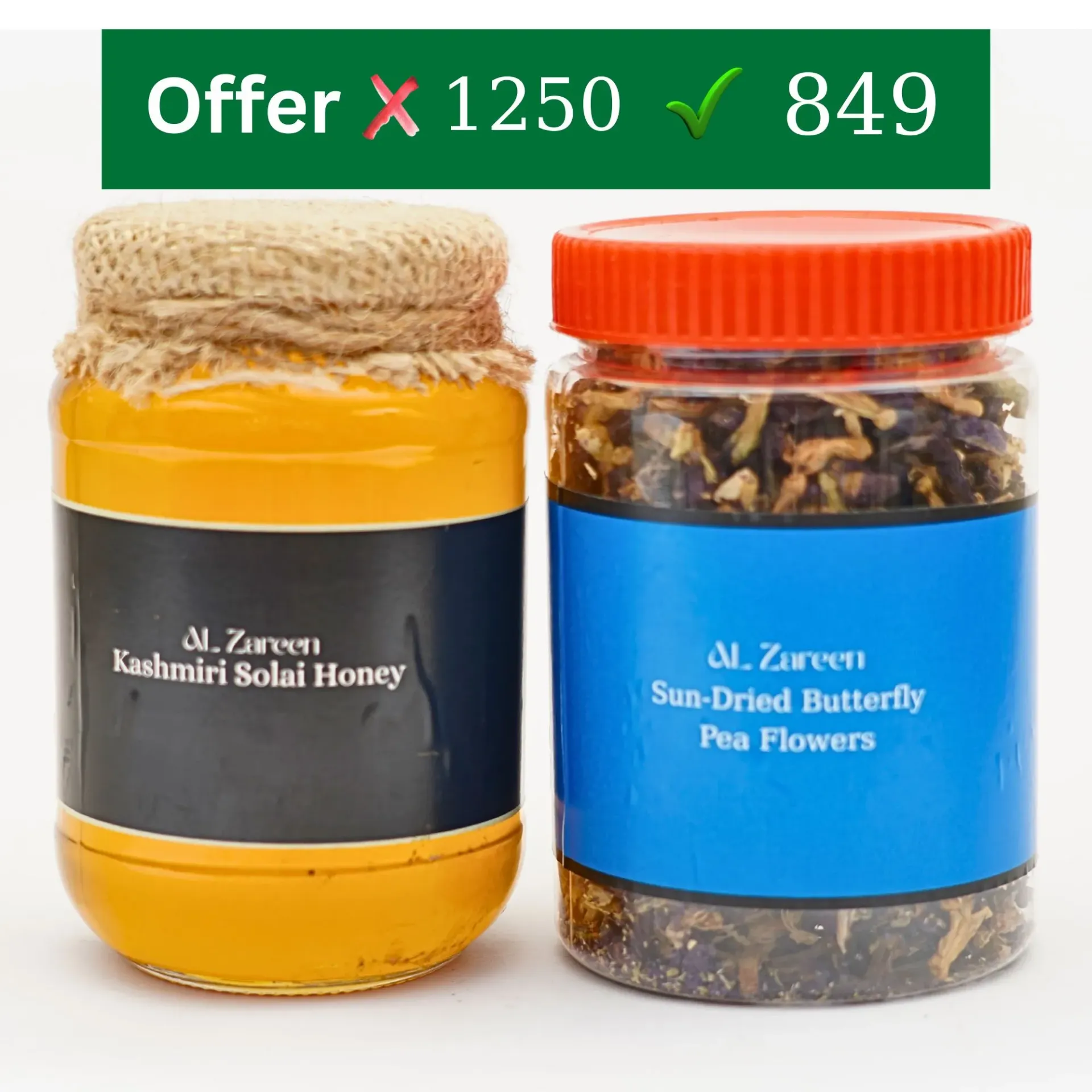 32% OFF | kashmirihoneyalzareen Exotic Heritage Duo: Pure Solai Honey & Sun-Dried Butterfly Pea Flowers | Offer Price: ₹849 (MRP ₹1250) | FREE 2026 Delivery 🚚