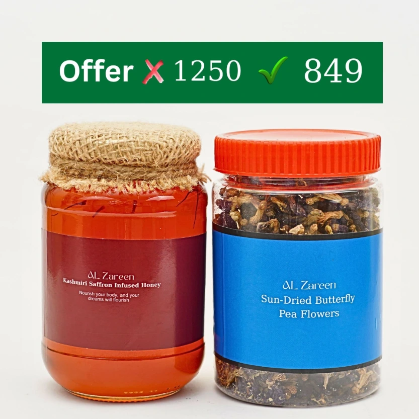 32% OFF | kashmirihoneyalzareen Saffron Heritage Duo | Kashmiri Saffron Infused Honey & Sun-Dried Butterfly Pea Price: ~~₹1250~~ ₹849 | FREE 2026 Delivery 🚚