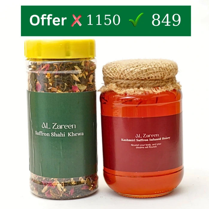 32% OFF | Al Zareen Saffron Heritage Duo | Kashmiri Saffron Infused Honey & Shahi Kehwa Blend Price: ₹1250 ₹849 | FREE 2026 Delivery 🚚