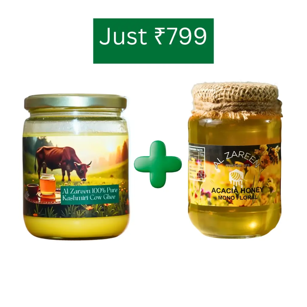 "Golden Kashmir Combo: Filtered Acacia Honey + Al Zareen Ghee – Save ₹250!"